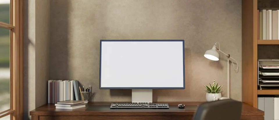 White screen computer with lamp and stationary on table aside bookshelf in .. Stock Illustration