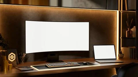 White screen computer with laptop aside gold coins and award plate on woode.. Stock Illustration