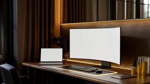 White screen computer with laptop aside gold coins and calculator on wooden.. Stock Illustration