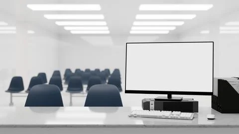 White screen computer on marble counter across row of chairs for registrati.. 스톡 일러스트