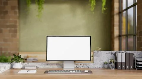 The white screen computer on marble laminate wooden working desk in an offi.. Stock Illustration