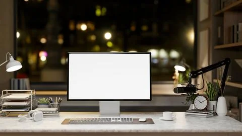 A White screen computer on the marble table with decorative items, Workspac.. イラスト素材