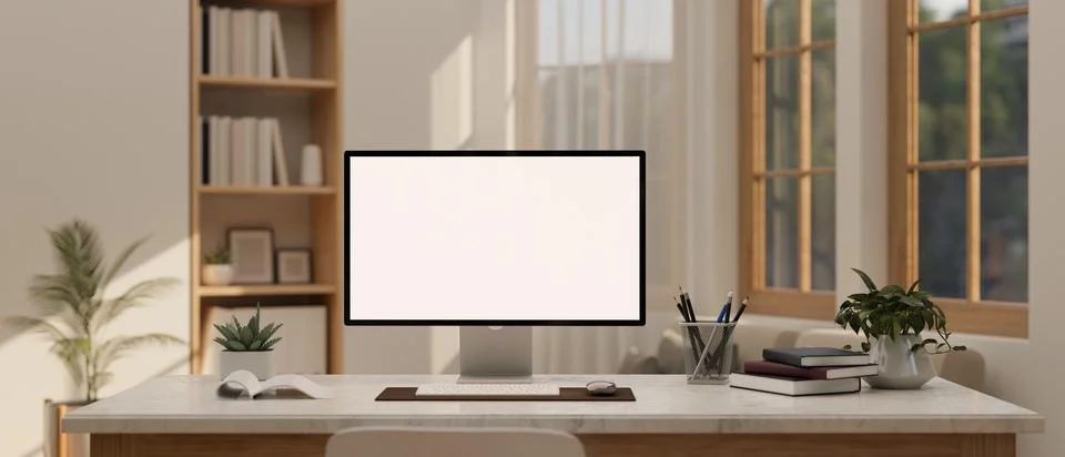 A white-screen computer mockup on a table in a minimalist Scandinavian livi.. Stock Illustration