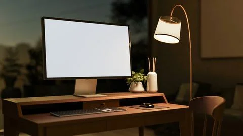 White screen computer with plant and diffuser on wooden table aside lamp an.. Stock Illustration