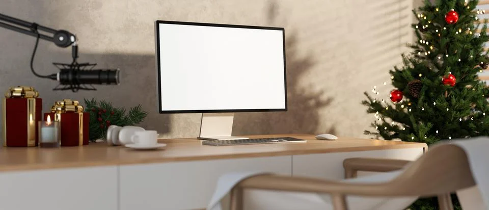 White screen computer with podcast mic live setup and gift box on wooden ta.. Stock Illustration
