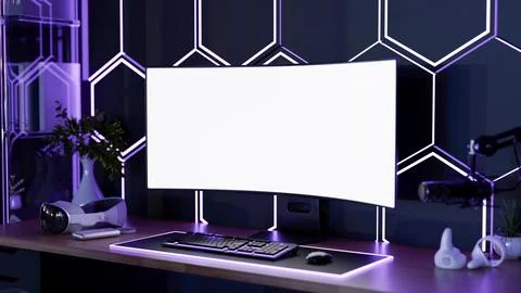 White screen computer with podcast mic and headset on table with neon purpl.. Stock Illustration