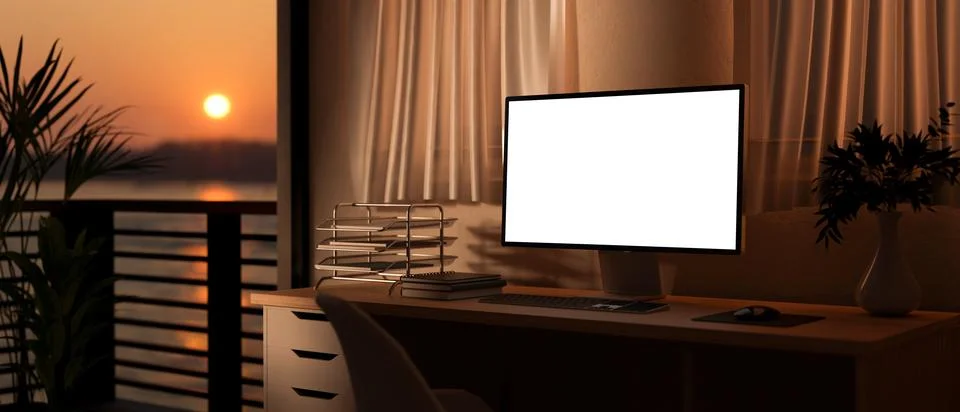 White screen computer on table with books and armchair in sunset light. Stu.. Stock Illustration