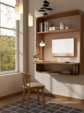 White screen computer in a wall mounted floating desk and wooden chair at r.. Ilustración de archivo