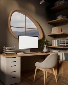 White screen computer on wooden drawer table and a chair under oval window .. Stock Illustration