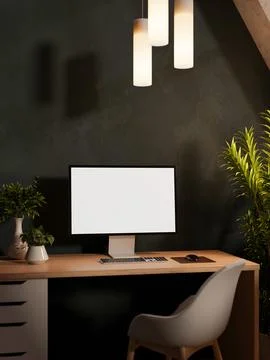 White screen computer on wooden drawer table and chair under hanging lamp a.. イラスト素材