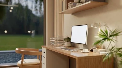 White screen computer on wooden study desk under hanging display shelf and .. Stock Illustration