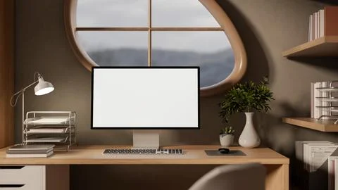 White screen computer on wooden study table aside bookshelf under oval wind.. Stock Illustration
