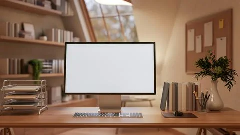 A White screen computer on the wooden table with decorative items, Workspac.. イラスト素材