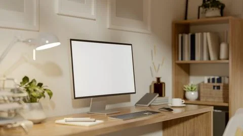 A white screen computer on the wooden table with decors. Minimal style stud.. Stock Illustration