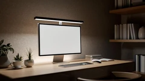 A white screen computer on wooden table beside bookshelf. Study or working .. Stock Illustration