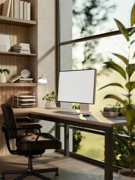 White screen computer on wooden table and armchair in glass wall room with .. 库存插图