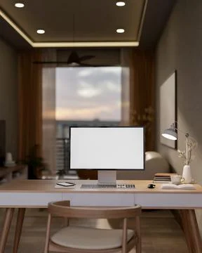 White screen computer on wooden table with books under lamp light in a dim .. Stock Illustration