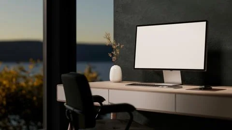 White screen computer on wooden table with armchair aside window and dark w.. Stock Illustration