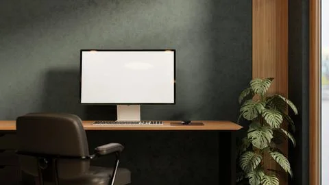 White screen computer on wooden table with leather chair and potted plant i.. 스톡 일러스트