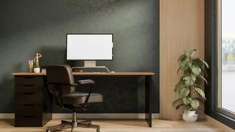 White screen computer on wooden table aside green wall and window with pot .. Stock Illustration