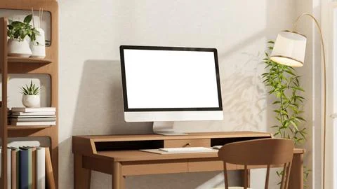 White screen computer on wooden table and chair aside bookshelf with lamp a.. Stock Illustration