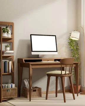 White screen computer on wooden table and chair with bookshelf and stand la.. Stock Illustration