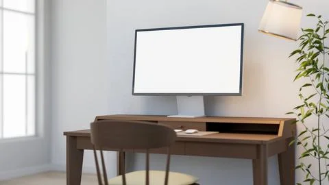 White screen computer on wooden table with chair aside standing lamp and ho.. Stock Illustration