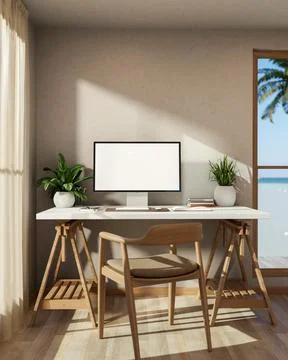 White screen computer on wooden table with sunlight through curtain and sea.. イラスト素材