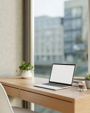 White screen laptop and coffee aside potted plant on wooden desk with citys.. Stock Illustration
