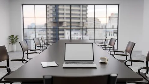 White screen laptop and coffee on meeting table across glass wall of an off.. Stock Illustration