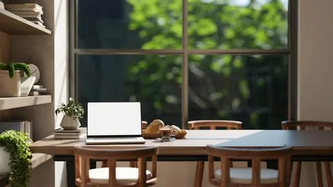 White screen laptop aside breads on plate and coffee on wooden table in a d.. Stock Illustration