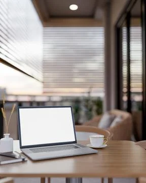 White screen laptop with book and coffee on wooden table in outdoor cafe wi.. Stock Illustration