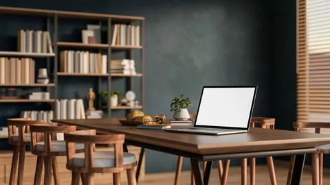 White screen laptop with bread and coffee cup on wooden table and chair asi.. Stock Illustration
