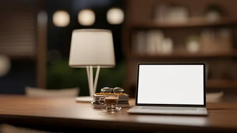 White screen laptop with coffee cup and books on wooden table in a living r.. イラスト素材