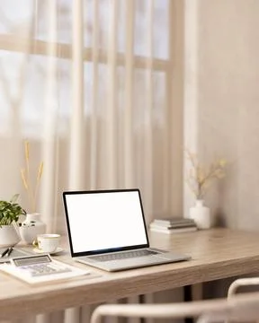 White screen laptop with coffee cup and calculator on wooden table aside wi.. 스톡 일러스트