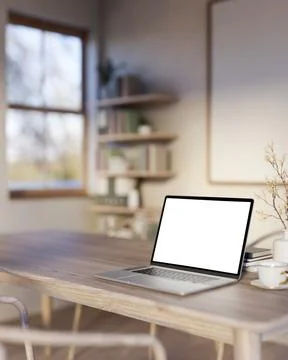 White screen laptop with coffee cup and books aside flower vase on wooden t.. Stock Illustration