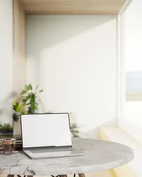 White screen laptop with coffee cup and book at round marble table and sunl.. Stock Illustration