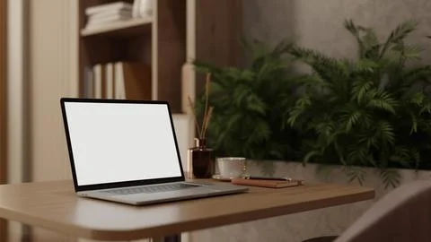 White screen laptop with coffee cup and notebook on wooden table beside hou.. 스톡 일러스트