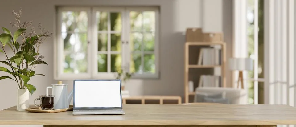 A white-screen laptop computer mockup on a wooden tabletop in a minimal Sca.. Stock Illustration