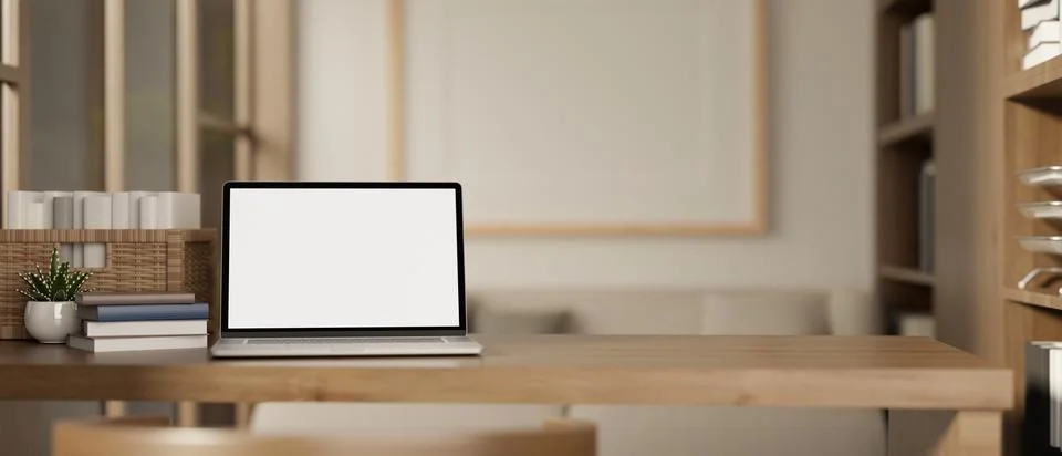 A white-screen laptop computer mockup on a wooden desk in a modern, Scandin.. Stock Illustration