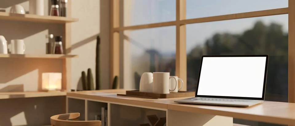 A white-screen laptop computer mockup on a kitchen countertop against the w.. Stock Illustration