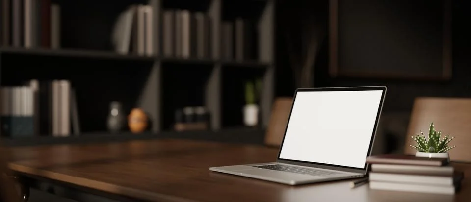 A white-screen laptop computer mockup on a hardwood desk in a modern privat.. Stock Illustration