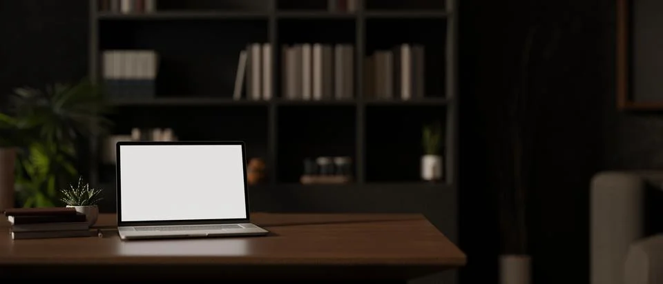 A white-screen laptop computer mockup on a hardwood desk in a modern privat.. Stock Illustration