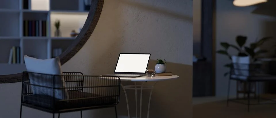 A white-screen laptop computer mockup is placed on a lounge table in a mode.. Stock Illustration