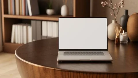 White screen laptop with diffuser and candle on wooden table across bookshe.. Illustration