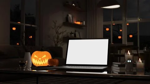 A white-screen laptop mockup on a table in a modern dark living room in a H.. Stock Illustration