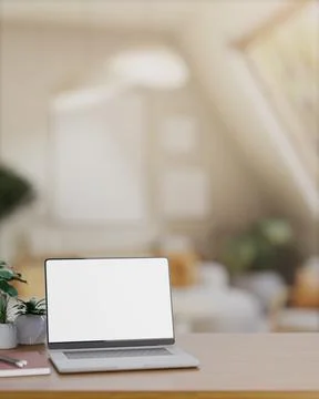 White screen laptop with notebook and potted plants on wooden countertop ta.. 스톡 일러스트
