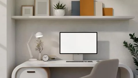 A white-screen PC computer mockup on a white desk in a modern trendy home o.. Stock Illustration