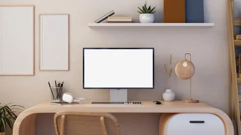 A white-screen PC computer mockup and accessories on a modern, minimalist w.. Illustrazione stock