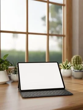 White screen tablet with keyboard and cactus pot on wooden table aside wind.. Stock Illustration